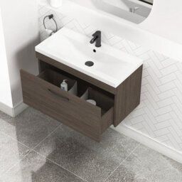 Royal Bathrooms Turin Grey Elm 800mm Wall Hung Vanity Unit 1 Drawer With Mid-Edge Basin Sink & Matt Black Handles - thumbnail 3
