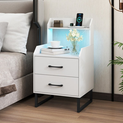Costway Modern Bedside Table With Led Lights 2-Drawer Nightstand With Built-In Charging Station - image 1