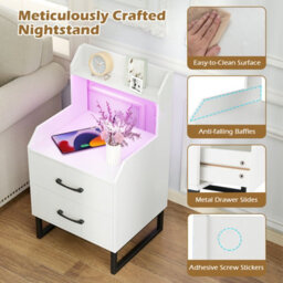 Costway Modern Bedside Table With Led Lights 2-Drawer Nightstand With Built-In Charging Station - thumbnail 9