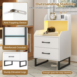 Costway Modern Bedside Table With Led Lights 2-Drawer Nightstand With Built-In Charging Station - thumbnail 8