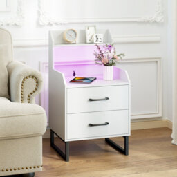 Costway Modern Bedside Table With Led Lights 2-Drawer Nightstand With Built-In Charging Station - thumbnail 2