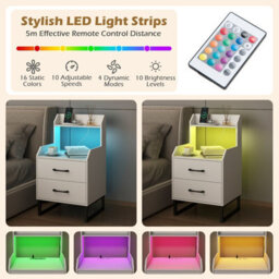 Costway Modern Bedside Table With Led Lights 2-Drawer Nightstand With Built-In Charging Station - thumbnail 6
