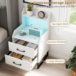 Costway Modern Bedside Table With Led Lights 2-Drawer Nightstand With Built-In Charging Station - thumbnail 7