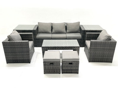 Fimous Rattan Garden Furniture Set Outdoor Lounger Sofa Coffee Table 2 Armchair 2 Stools 2 Side Tables Dark Grey Mixed - image 1