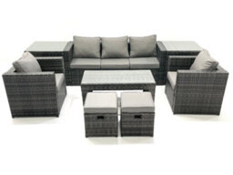 Fimous Rattan Garden Furniture Set Outdoor Lounger Sofa Coffee Table 2 Armchair 2 Stools 2 Side Tables Dark Grey Mixed - thumbnail 2