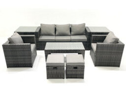 Fimous Rattan Garden Furniture Set Outdoor Lounger Sofa Coffee Table 2 Armchair 2 Stools 2 Side Tables Dark Grey Mixed - thumbnail 1