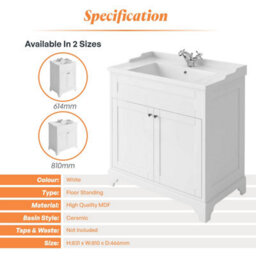 Plum&clay Belmont White Traditional Floor Standing Vanity Unit & Ceramic Basin Bathroom Furniture (W)810mm - thumbnail 5