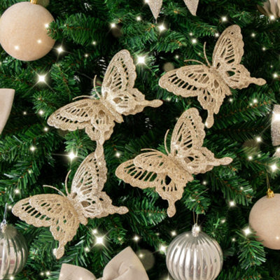 Melody Maison Set Of 4 Champagne Gold Glitter Butterfly Christmas Decoration Clips - image 1