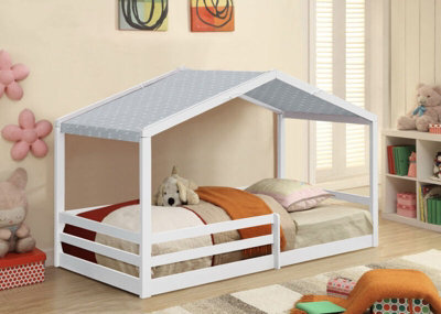Comfy Living 3Ft Wooden House Bed White With Grey Tent