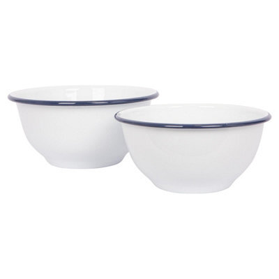 Argon Tableware Enamel Mixing Bowl Set - Blue Rim - 2 Piece Large Enamelware Metal Nesting Kitchen Mixing Bowls - 1.6L & 1.1L - image 1