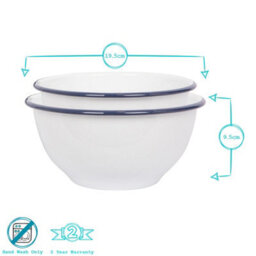 Argon Tableware Enamel Mixing Bowl Set - Blue Rim - 2 Piece Large Enamelware Metal Nesting Kitchen Mixing Bowls - 1.6L & 1.1L - thumbnail 3