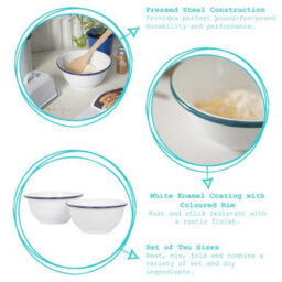 Argon Tableware Enamel Mixing Bowl Set - Blue Rim - 2 Piece Large Enamelware Metal Nesting Kitchen Mixing Bowls - 1.6L & 1.1L - thumbnail 2
