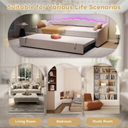 Abrihome Upholstered Bed, Daybed, Sofa Bed With Rgb Led Lighting, 3Ft Petal Shape Single Bed With Trundle, 90X190Cm, Velvet, Beige - thumbnail 5