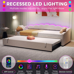 Abrihome Upholstered Bed, Daybed, Sofa Bed With Rgb Led Lighting, 3Ft Petal Shape Single Bed With Trundle, 90X190Cm, Velvet, Beige - thumbnail 2