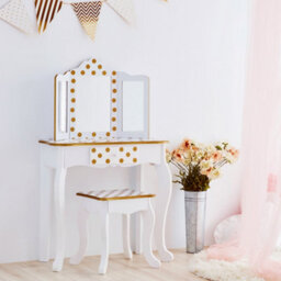 Teamson Kids Dressing Table, Play Vanity Set With Mirror & Stool - White/gold/polka Dots - thumbnail 3