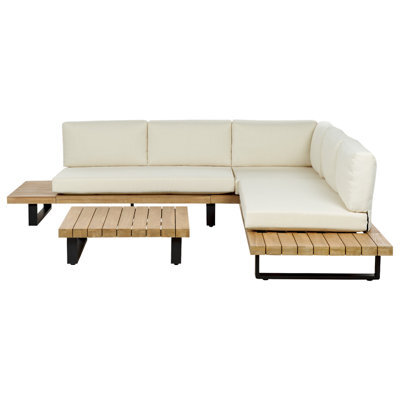 Beliani Garden Corner Sofa With Table 5 Seater Mykonos Right Hand Certified Acacia Wood Off-White - image 1