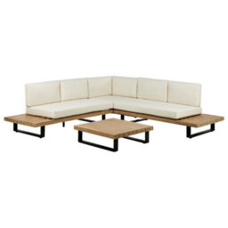 Beliani Garden Corner Sofa With Table 5 Seater Mykonos Right Hand Certified Acacia Wood Off-White - thumbnail 4