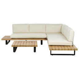 Beliani Garden Corner Sofa With Table 5 Seater Mykonos Right Hand Certified Acacia Wood Off-White - thumbnail 2