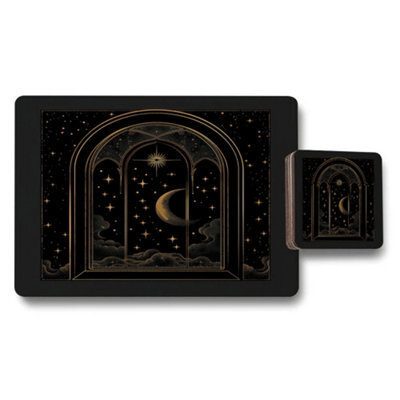 Benjamin Tate Design Gold Foil Celestial Placemat And Coaster Set Wood Base Limited Edition Designer Art - image 1