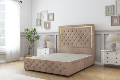 "Sloomy Sofia Gold Mink Naples Divan Bed 2 Drawers Left Side-26"" Strutted Headboard 12"" Footboard 4'6 Double" - image 1