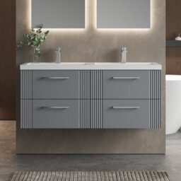 Balterley Belvide Partial Fluted 4 Drawer Wall Hung Vanity Unit With Double Polymarble Basin - 1200mm - Satin Grey - thumbnail 2
