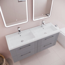 Balterley Belvide Partial Fluted 4 Drawer Wall Hung Vanity Unit With Double Polymarble Basin - 1200mm - Satin Grey - thumbnail 3