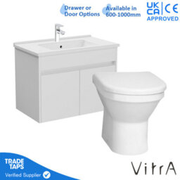 Vitra 800mm Wall Hung Bathroom Vanity Unit With 2 Doors Includes Basin, Chrome Tap And Back To Wall Toilet - White Gloss - thumbnail 1