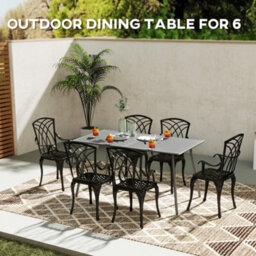 Outsunny Garden Dining Table For 6 Person With Slat Top, Steel Frame, Grey - thumbnail 4