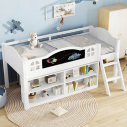 Btm 3Ft Storage Bed With Blackboard And Cabinets, Twostep Staircase, Pine,mdf,pb,plywood, White - thumbnail 4