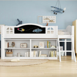 Btm 3Ft Storage Bed With Blackboard And Cabinets, Twostep Staircase, Pine,mdf,pb,plywood, White - thumbnail 5