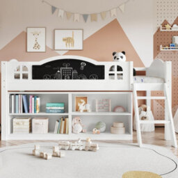 Btm 3Ft Storage Bed With Blackboard And Cabinets, Twostep Staircase, Pine,mdf,pb,plywood, White - thumbnail 1