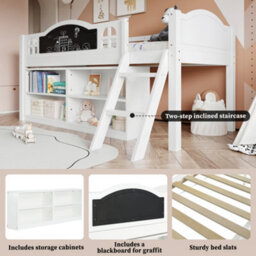 Btm 3Ft Storage Bed With Blackboard And Cabinets, Twostep Staircase, Pine,mdf,pb,plywood, White - thumbnail 8