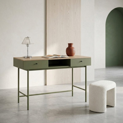 Sweeek - Wood Decor And Iron Desk With 2 Drawers And 1 Compartment Khaki Green 120X55X80 Cm - William - image 1