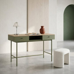Sweeek - Wood Decor And Iron Desk With 2 Drawers And 1 Compartment Khaki Green 120X55X80 Cm - William - thumbnail 1