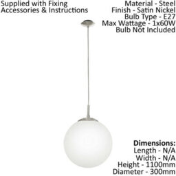 Stylish Satin Nickel Pendant Ceiling Light With White Opal Glass Shade - thumbnail 2