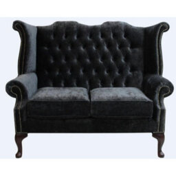 Chesterfield Handmade 2 Seater Sofa Modena Black Fabric In Queen Anne Style - thumbnail 2