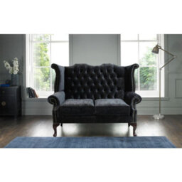 Chesterfield Handmade 2 Seater Sofa Modena Black Fabric In Queen Anne Style - thumbnail 1