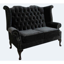 Chesterfield Handmade 2 Seater Sofa Modena Black Fabric In Queen Anne Style - thumbnail 3