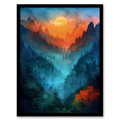 Artery8 Misty Sunset Colourful Forest Mountain Landscape Poster Wall Art Print - A4 Size