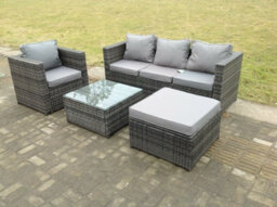 Fimous Lounge Dark Mixed Grey Rattan Sofa Set With Armchair Stool Outdoor Garden Furniture Patio 5 Seater