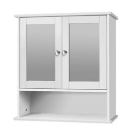 White Bathroom Cabinet Wall Mounted Mirrored Double Door Storage Cupboard Shelf - thumbnail 1