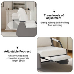 Corduroy Rocking Recliner Chair With Adjustable Backrest & Retractable Footrest, Armchair With Side Pocket, White - thumbnail 4