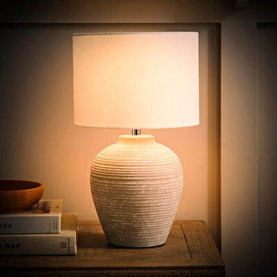 Valuelights Reid Linen Drum Lamp Shade Stone Grey Ribbed Ceramic Small Table Lamp With Bulb - image 1