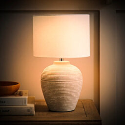 Valuelights Reid Linen Drum Lamp Shade Stone Grey Ribbed Ceramic Small Table Lamp With Bulb