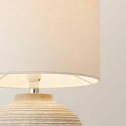 Valuelights Reid Linen Drum Lamp Shade Stone Grey Ribbed Ceramic Small Table Lamp With Bulb - thumbnail 4