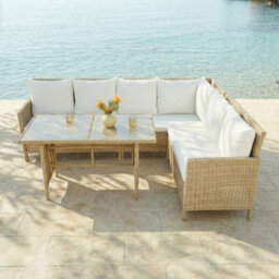 Alia Rattan Garden Corner 6 Seater Outdoor Sofa Dining Set With Glass Table Natural, Garden Furniture Set - thumbnail 2