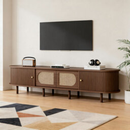 Matteo Walnut & Rattan 180Cm Tv Stand With 4 Doors For Up To 80-Inch Tvs - Modern Lowboard