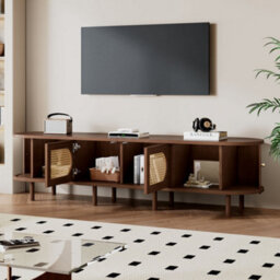 Matteo Walnut & Rattan 180Cm Tv Stand With 4 Doors For Up To 80-Inch Tvs - Modern Lowboard - thumbnail 2
