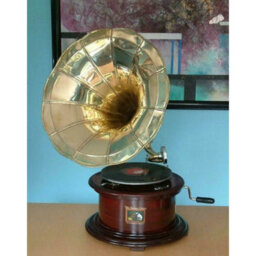 Replica Gramophone Player 78 Rpm Round Phonograph Brass Horn Hmv Vintage Mech - thumbnail 5