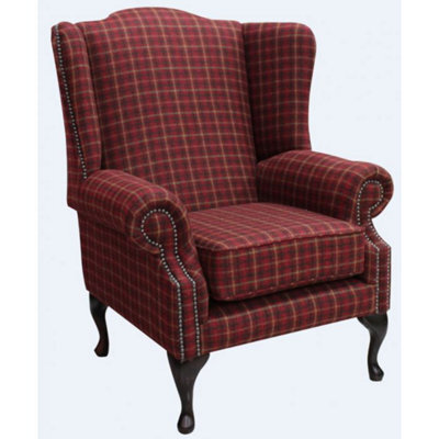 Chesterfield Saxon High Back Wing Chair Balmoral Claret Check Tweed Wool In Mallory Style - image 1